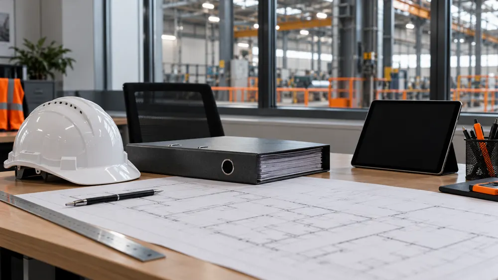 Building plans and asbestos management records on a factory office desk