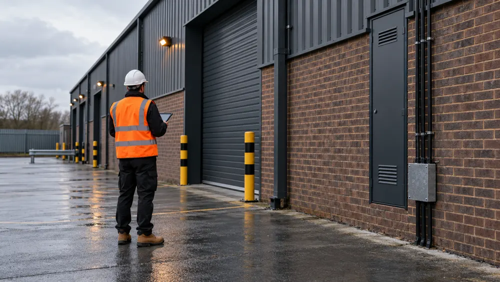 Surveyor recording a commercial warehouse inspection on a tablet